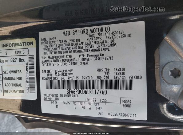 3FA6P0CD6LR117760 2020 FORD FUSION Black Vista del compartimento del motor