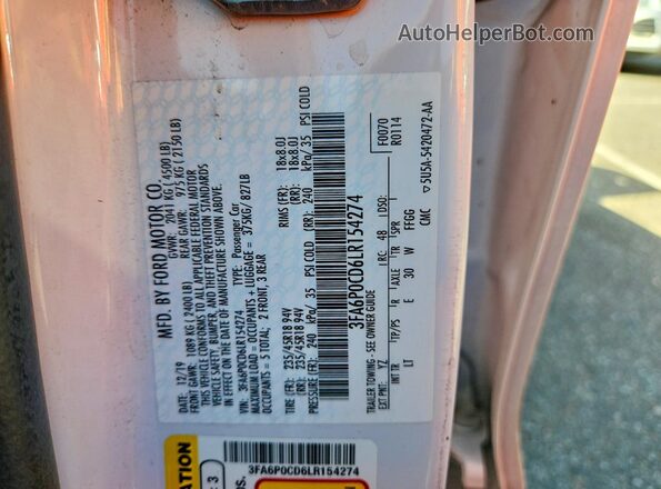 3FA6P0CD6LR154274 2020 FORD FUSION White 