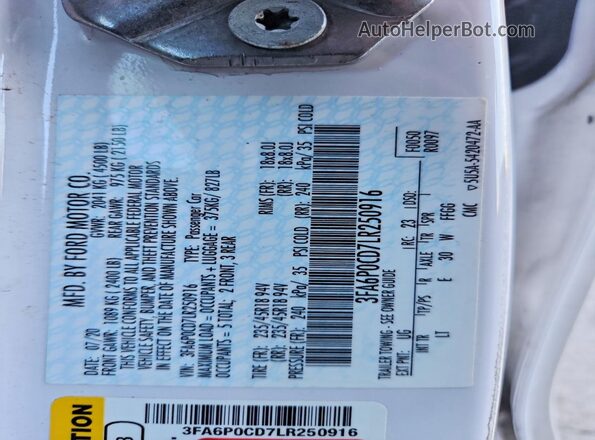 3FA6P0CD7LR250916 2020 FORD FUSION White Engine compartment view