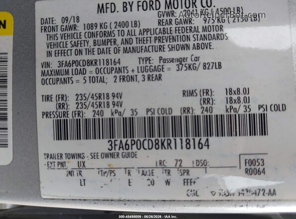 3FA6P0CD8KR118164 2019 FORD FUSION Silver Շարժիչի բաժամունքի տեսք