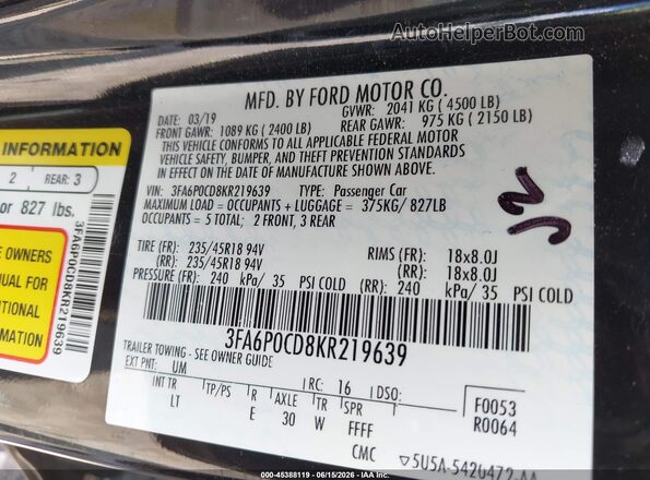 3FA6P0CD8KR219639 2019 FORD FUSION Black Շարժիչի բաժամունքի տեսք