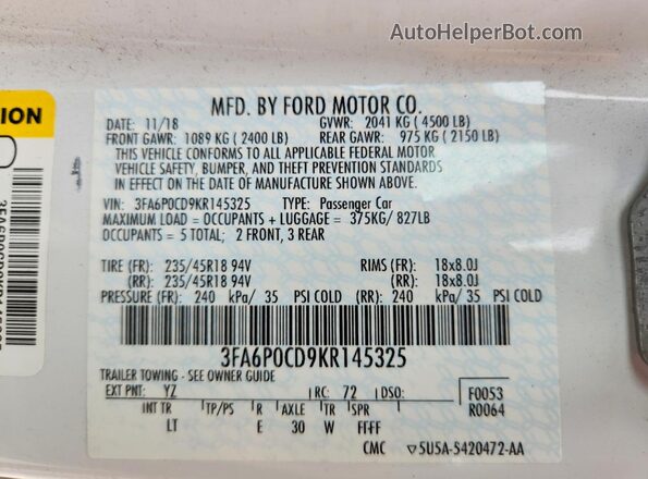 3FA6P0CD9KR145325 2019 FORD FUSION Белый Вид подкапотного пространства