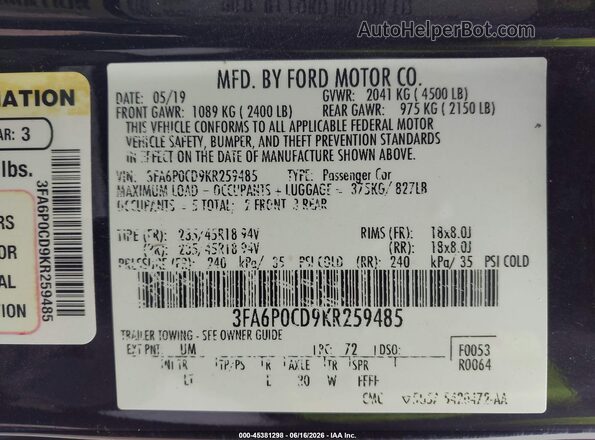 3FA6P0CD9KR259485 2019 FORD FUSION Black Вид підкапотного простору