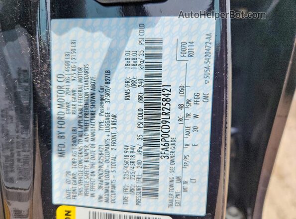 3FA6P0CD9LR258421 2020 FORD FUSION Black Widok komory silnika