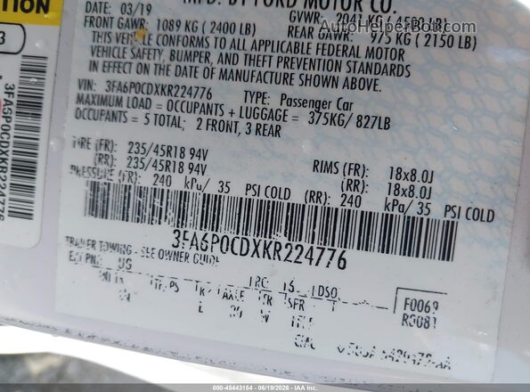 3FA6P0CDXKR224776 2019 FORD FUSION White Vista del compartimento del motor
