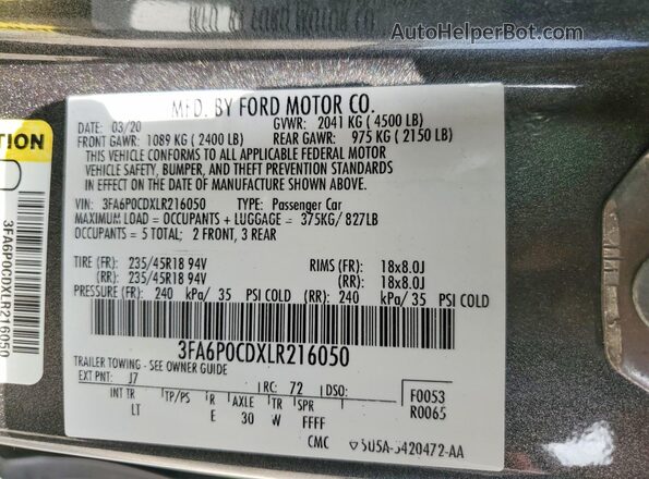 3FA6P0CDXLR216050 2020 FORD FUSION Gray Vista del compartimento del motor
