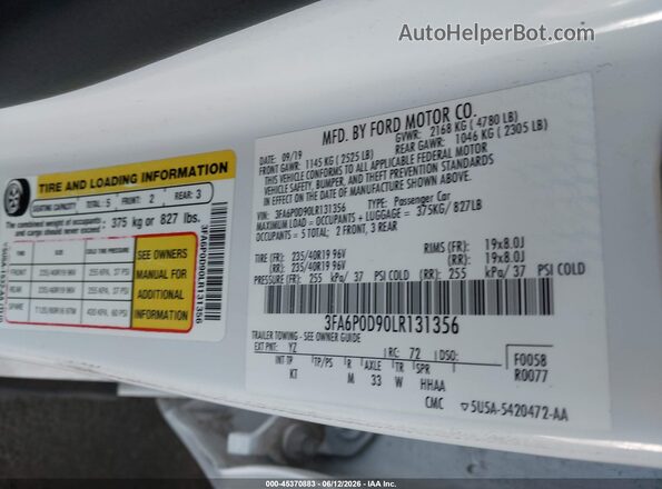 3FA6P0D90LR131356 2020 FORD FUSION White Vista del compartimento del motor