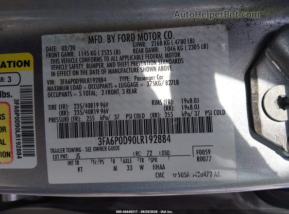 3FA6P0D90LR192884 2020 FORD FUSION Gray Vista del compartimento del motor