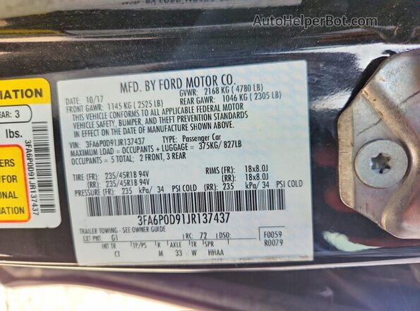 3FA6P0D91JR137437 2018 FORD FUSION Черный 
