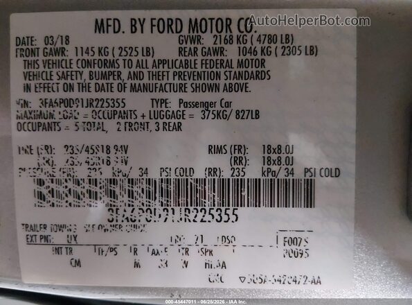3FA6P0D91JR225355 2018 FORD FUSION Серебряный 