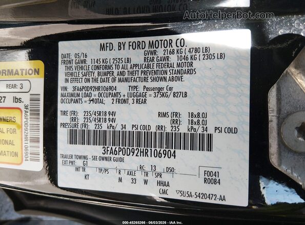 3FA6P0D92HR106904 2017 FORD FUSION Black Vista del compartimento del motor