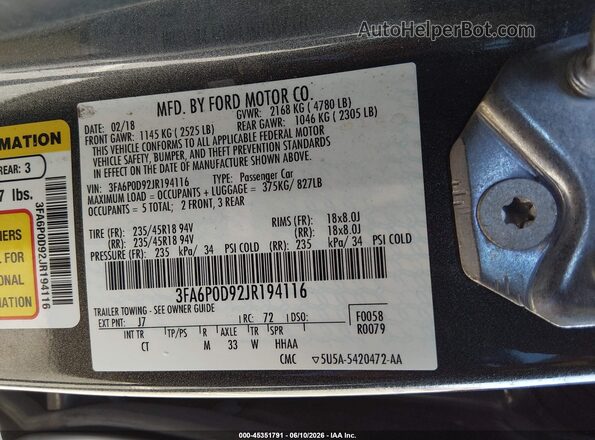3FA6P0D92JR194116 2018 FORD FUSION Gray Widok komory silnika