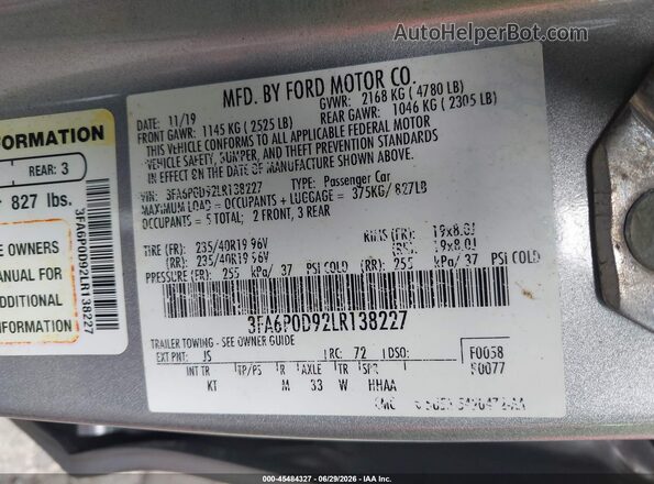 3FA6P0D92LR138227 2020 FORD FUSION Silver Widok komory silnika