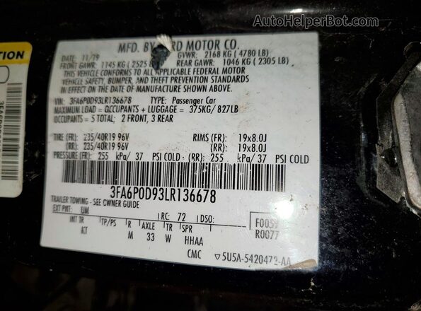 3FA6P0D93LR136678 2020 FORD FUSION Черный Вид наклейки с VIN-кодом