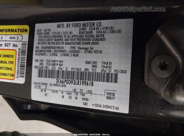 3FA6P0D93LR199618 2020 FORD FUSION Серый Вид подкапотного пространства