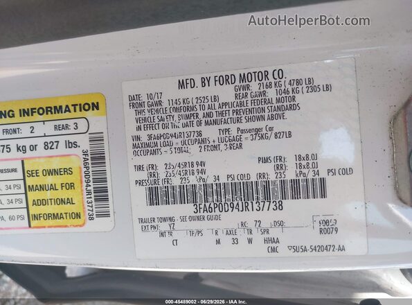 3FA6P0D94JR137738 2018 FORD FUSION Белый Вид подкапотного пространства