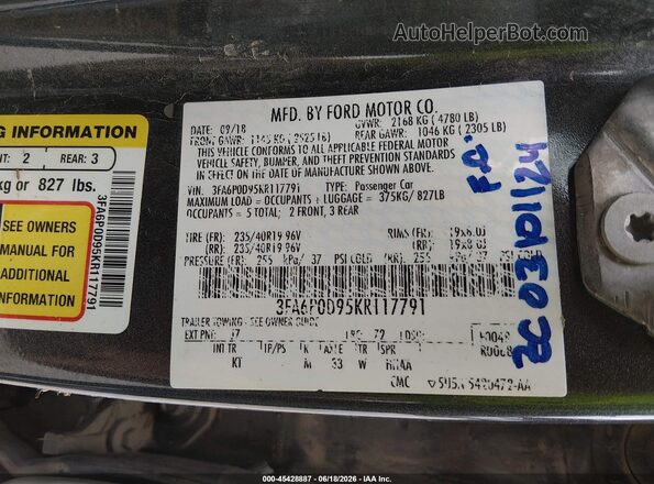 3FA6P0D95KR117791 2019 FORD FUSION Gray Engine compartment view