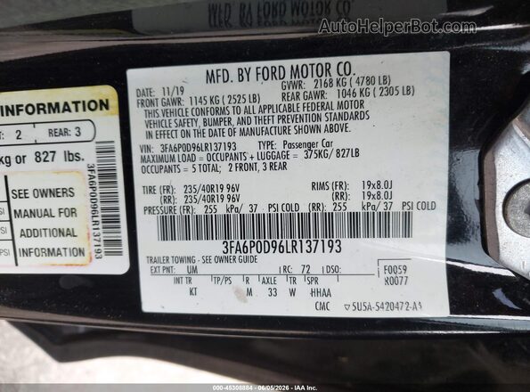 3FA6P0D96LR137193 2020 FORD FUSION Black ძრავის განყოფილების ხედი
