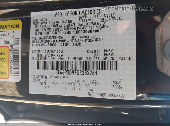 3FA6P0D97GR352264 2016 FORD FUSION Black Widok komory silnika