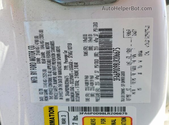 3FA6P0D98LR206675 2020 FORD FUSION White Widok komory silnika
