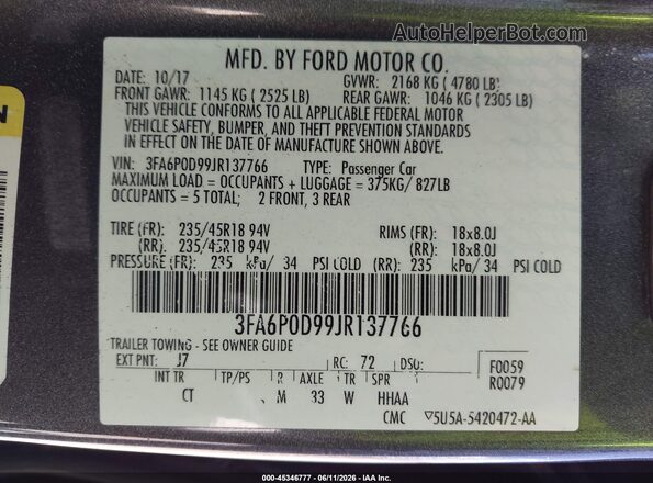 3FA6P0D99JR137766 2018 FORD FUSION Gray ძრავის განყოფილების ხედი
