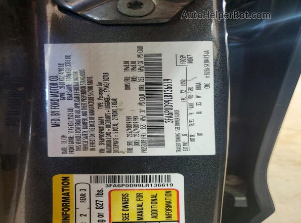 3FA6P0D99LR136619 2020 FORD FUSION Gray Vista de la etiqueta del VIN