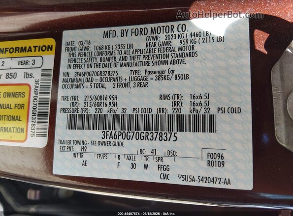 3FA6P0G70GR378375 2016 FORD FUSION Burgundy ძრავის განყოფილების ხედი