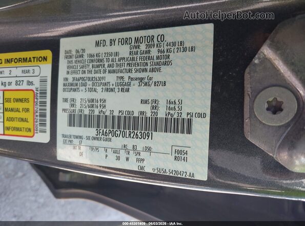 3FA6P0G70LR263091 2020 FORD FUSION Серый Вид подкапотного пространства