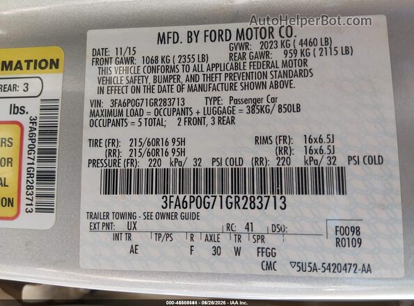 3FA6P0G71GR283713 2016 FORD FUSION Silver Widok komory silnika