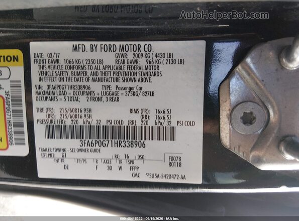 3FA6P0G71HR338906 2017 FORD FUSION Black ძრავის განყოფილების ხედი