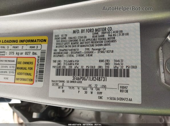 3FA6P0G71LR248731 2020 FORD FUSION Silver Engine compartment view