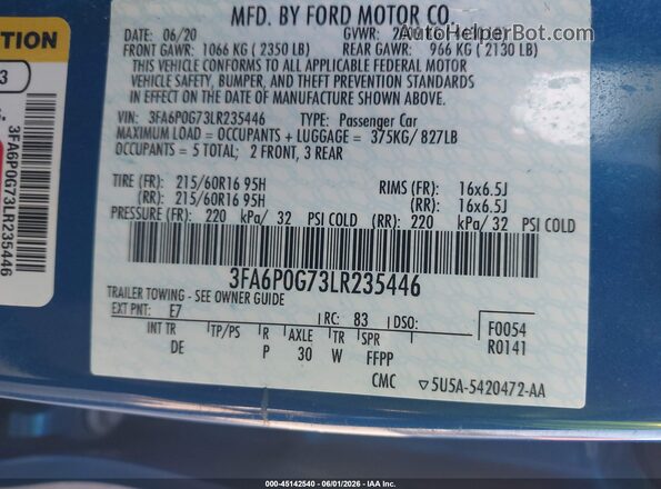 3FA6P0G73LR235446 2020 FORD FUSION Blue Vista del compartimento del motor