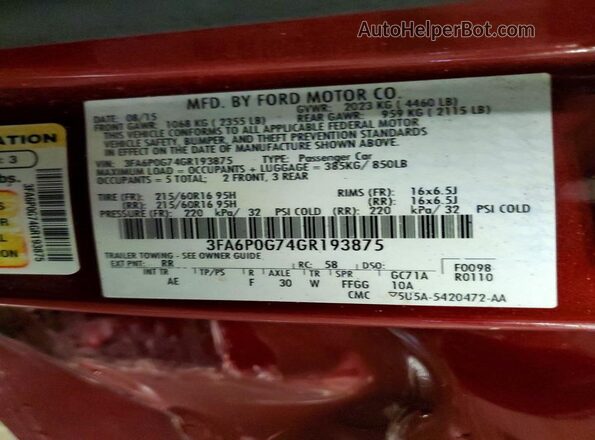 3FA6P0G74GR193875 2016 FORD FUSION Red Vista del compartimento del motor