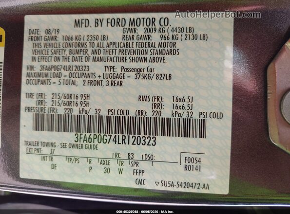 3FA6P0G74LR120323 2020 FORD FUSION Gray 