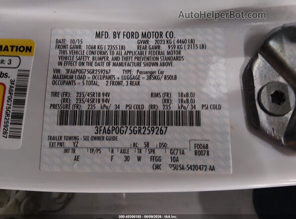 3FA6P0G75GR259267 2016 FORD FUSION White Vista del compartimento del motor