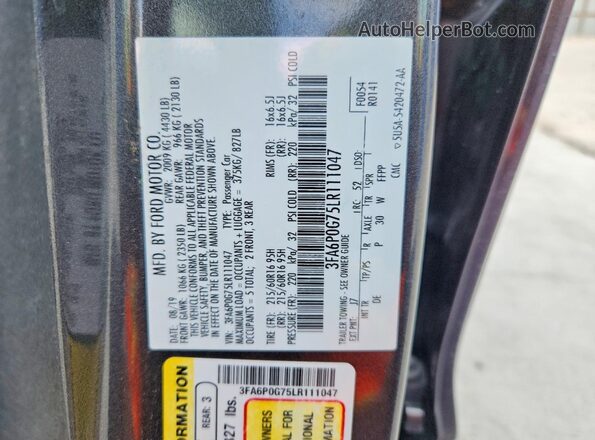 3FA6P0G75LR111047 2020 FORD FUSION Gray Вид наклейки з VIN-кодом