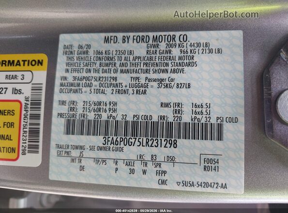 3FA6P0G75LR231298 2020 FORD FUSION Silver Vista del compartimento del motor