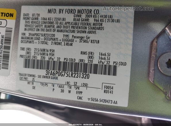 3FA6P0G75LR231320 2020 FORD FUSION Silver Engine compartment view