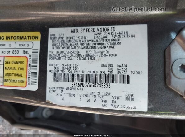 3FA6P0G76GR243336 2016 FORD FUSION Gray Widok komory silnika
