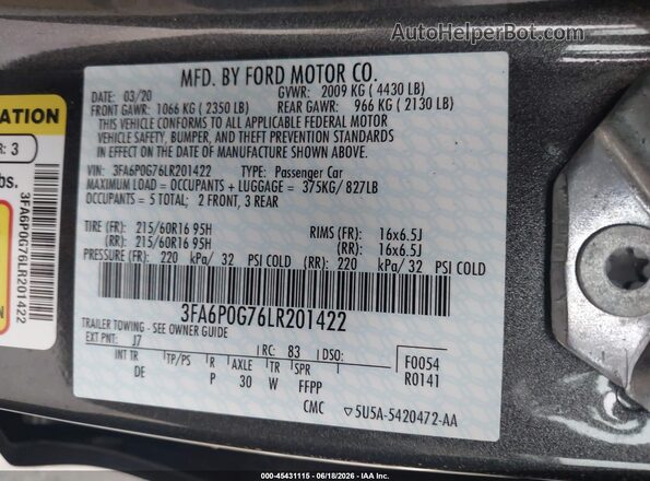 3FA6P0G76LR201422 2020 FORD FUSION Gray Engine compartment view