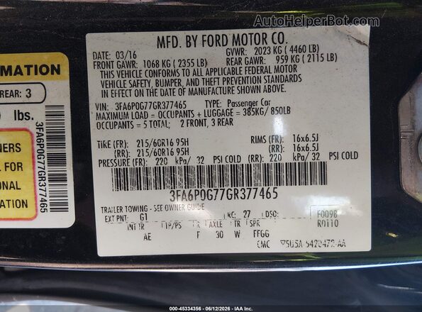 3FA6P0G77GR377465 2016 FORD FUSION Black Engine compartment view