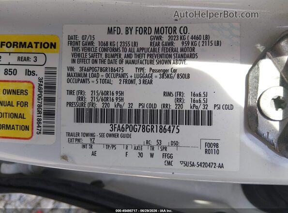 3FA6P0G78GR186475 2016 FORD FUSION White Vista del compartimento del motor