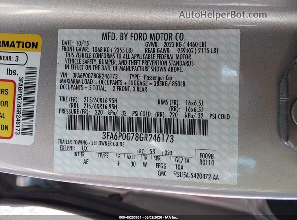3FA6P0G78GR246173 2016 FORD FUSION Silver Вид підкапотного простору