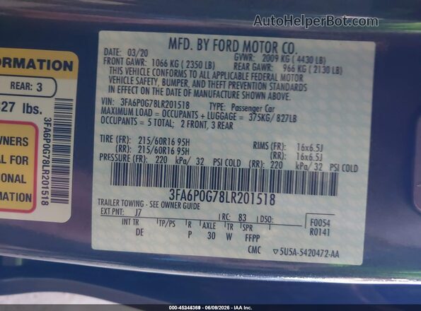 3FA6P0G78LR201518 2020 FORD FUSION Gray Vista del compartimento del motor