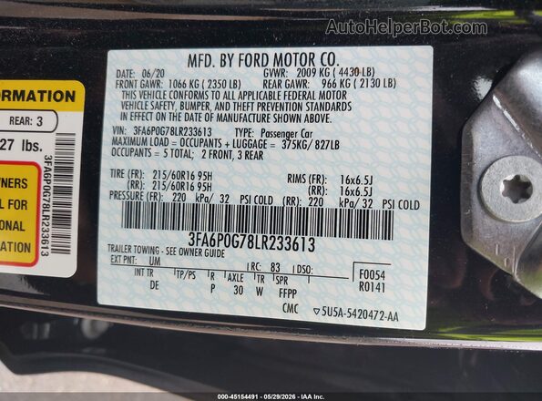 3FA6P0G78LR233613 2020 FORD FUSION Черный Вид подкапотного пространства
