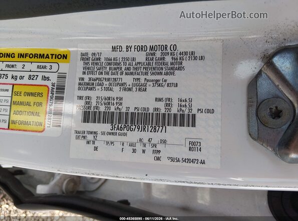 3FA6P0G79JR128771 2018 FORD FUSION White Вид підкапотного простору