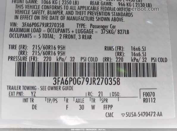 3FA6P0G79JR270358 2018 FORD FUSION White Vista del compartimento del motor