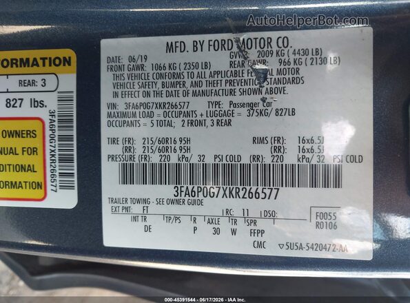 3FA6P0G7XKR266577 2019 FORD FUSION Blue ძრავის განყოფილების ხედი
