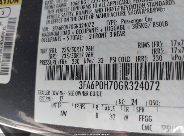 3FA6P0H70GR324072 2016 FORD FUSION Серый Вид подкапотного пространства