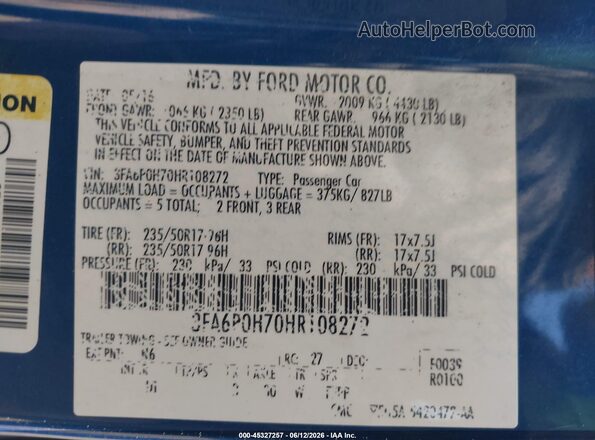 3FA6P0H70HR108272 2017 FORD FUSION Blue Widok komory silnika